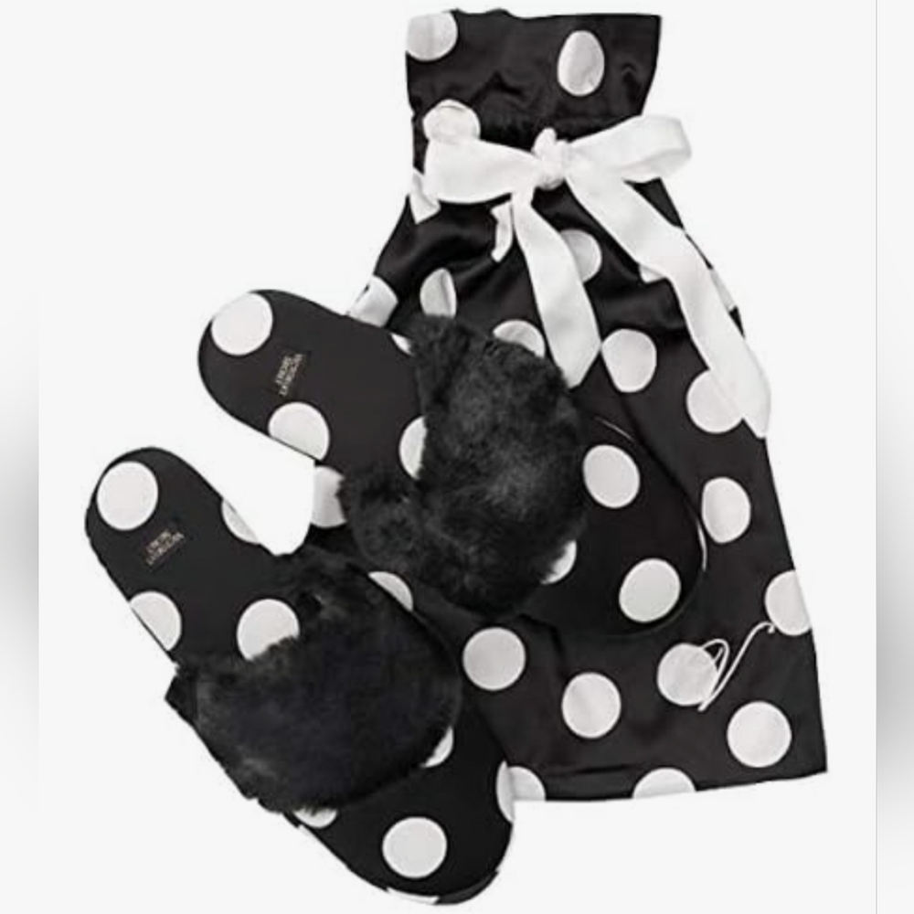 Victoria's Secret Black and White Polka Dot Kids Slippers with Bag